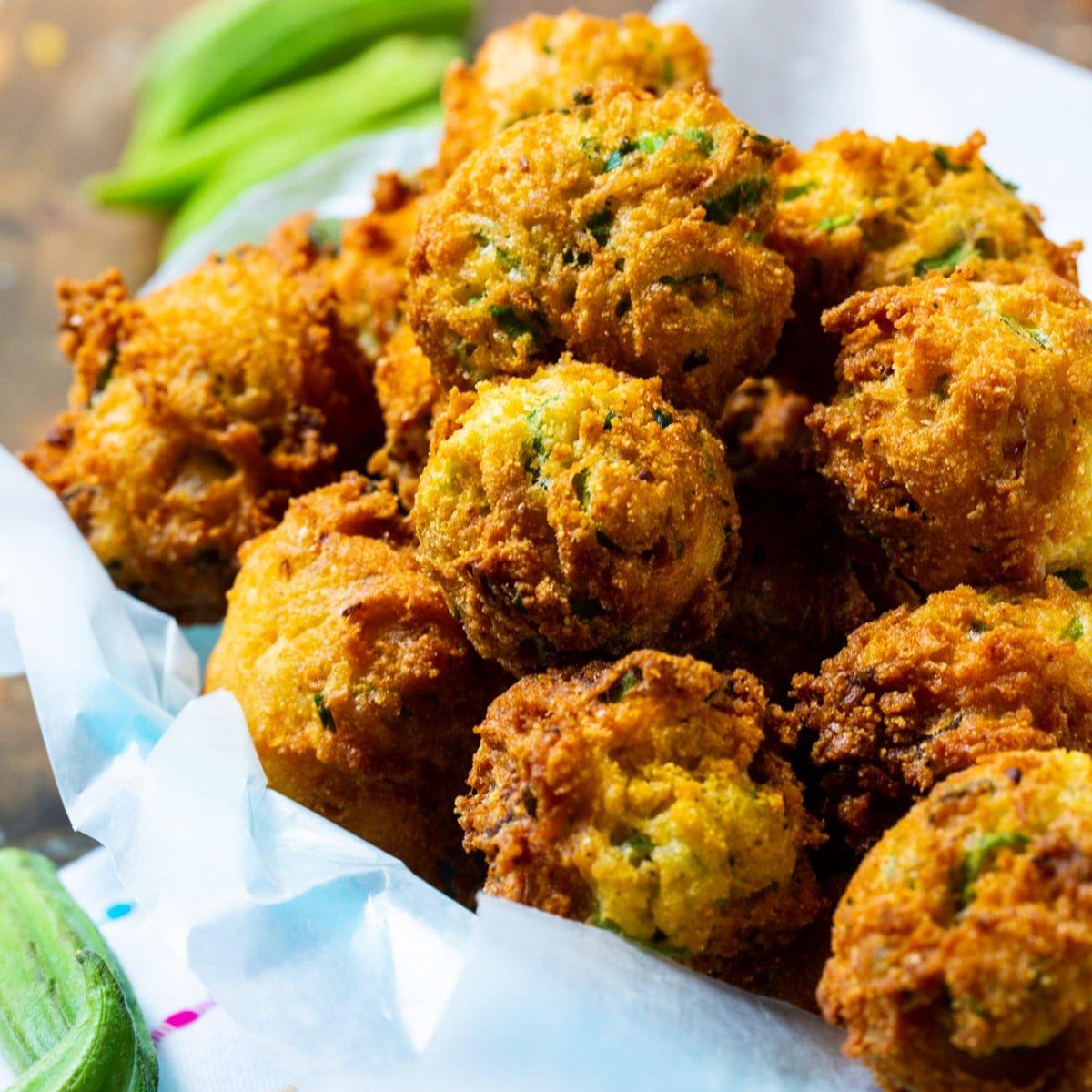 Okra Hush Puppies in a basket.