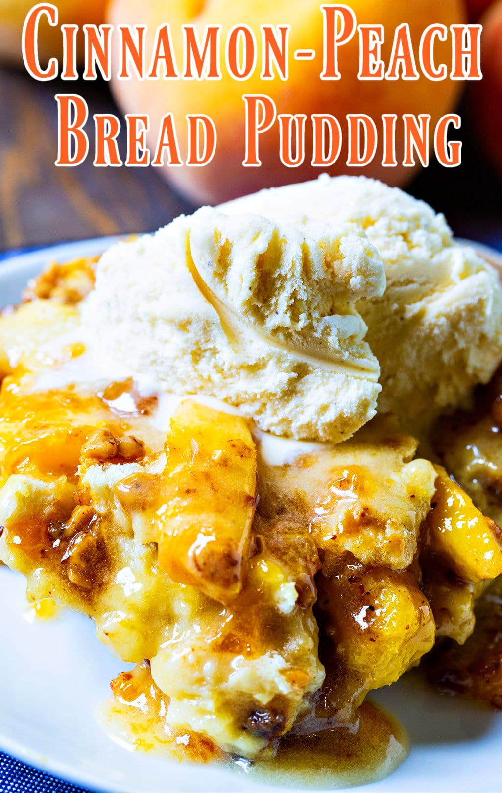 Piece of bread pudding topped with vanilla ice cream.