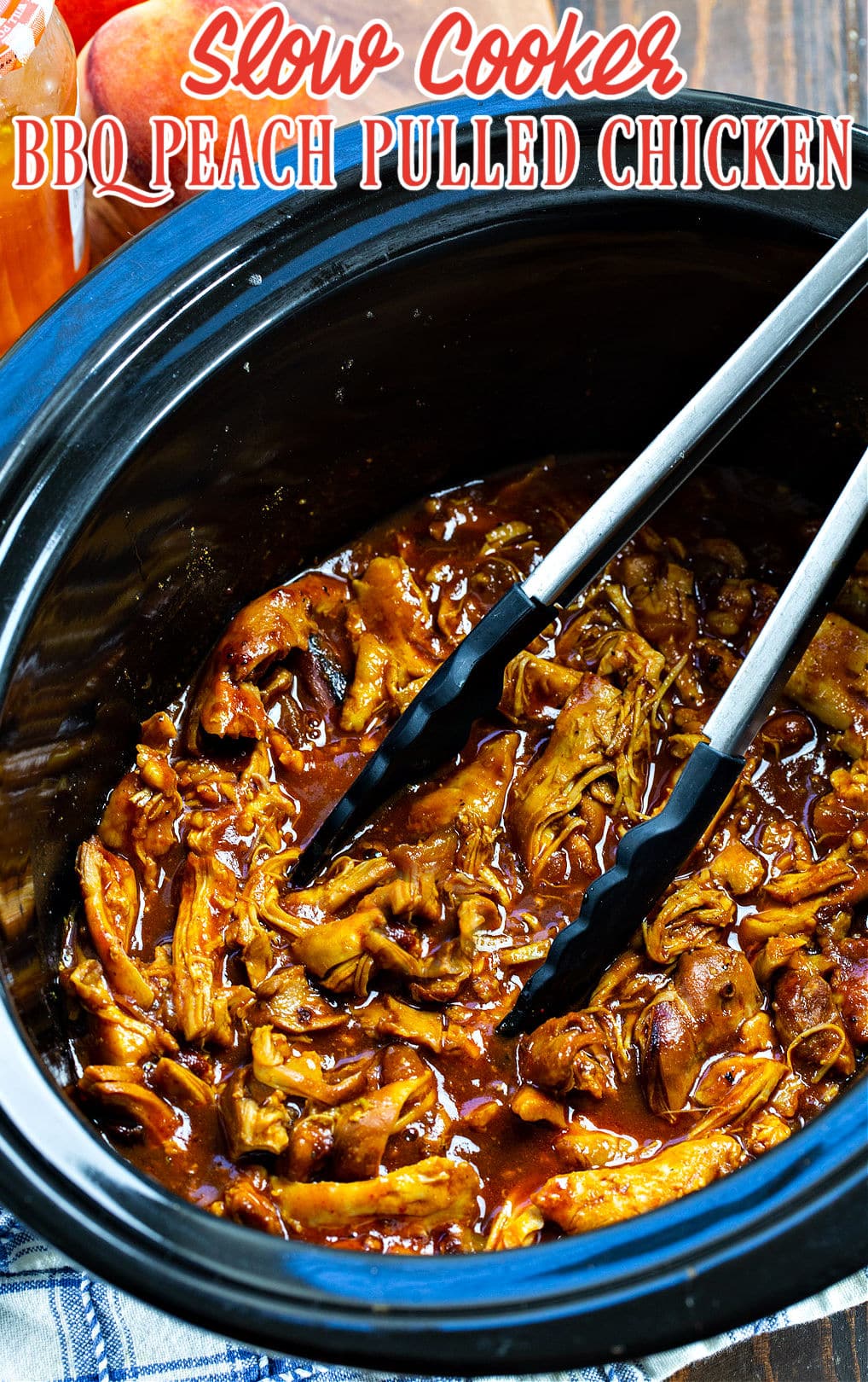 BBQ Peach Pulled Chicken in slow cooker.
