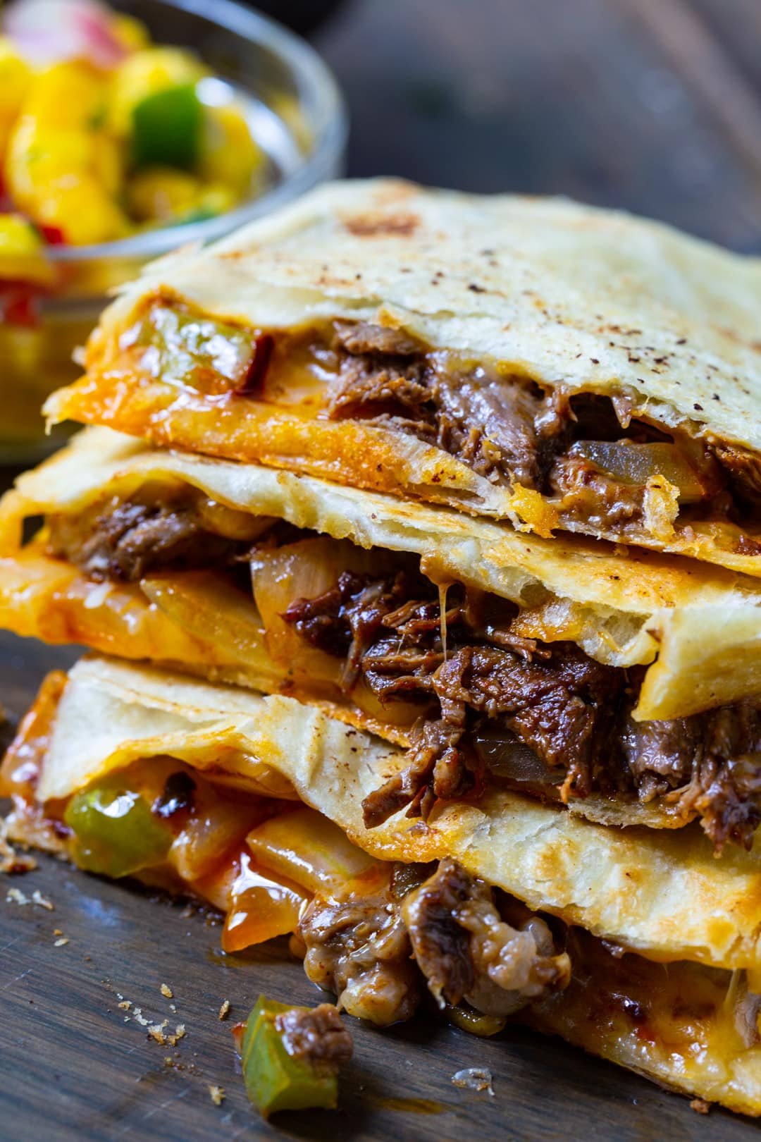 Stack of Spicy Beef Quesadillas.