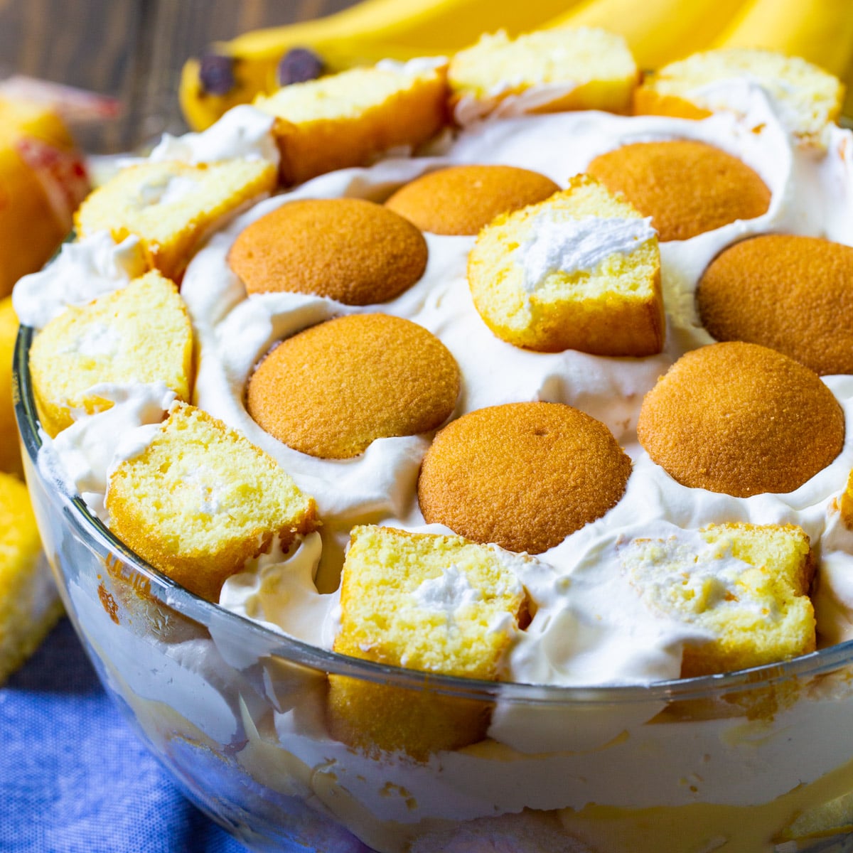 Twinkie Banana Pudding in a trifle bowl.