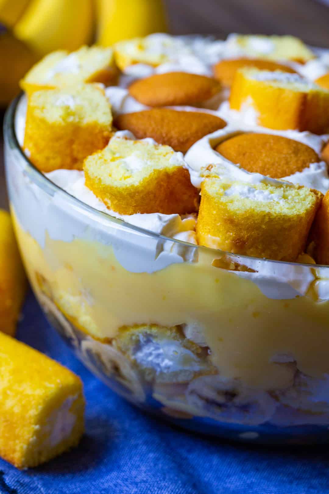 Side view of banana pudding in glass bowl.