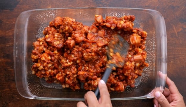 Chili mixture spread in pan.