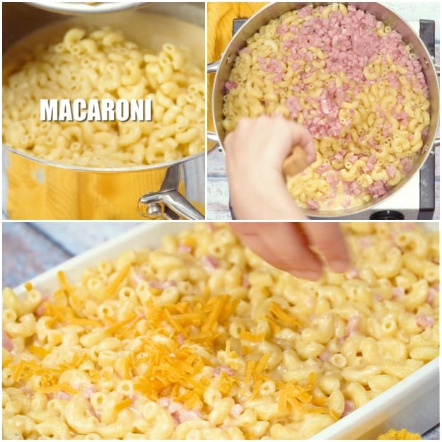 Assembling the mac and cheese.