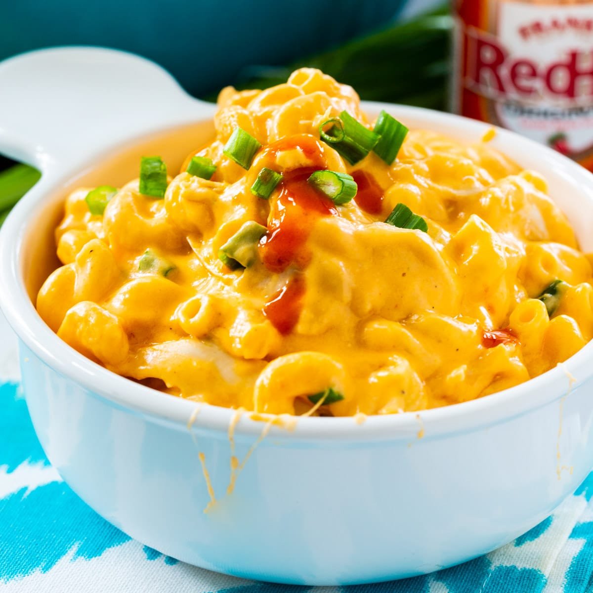 Buffalo Chicken Mac and Cheese in a white bowl.