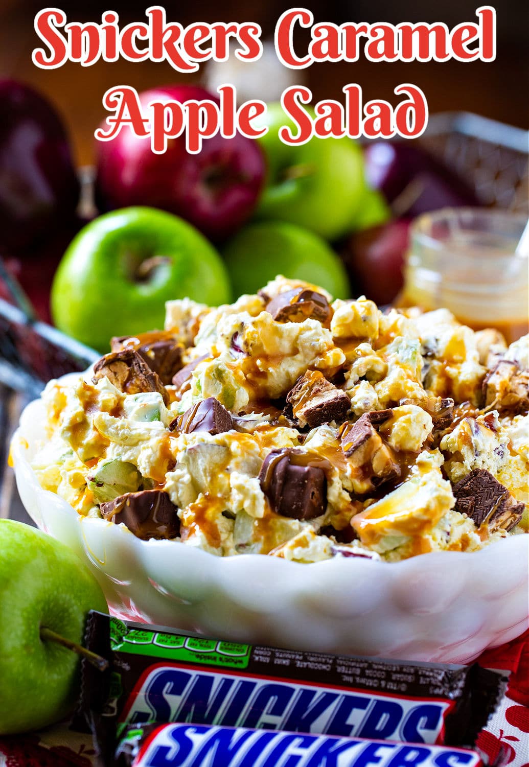 Snickers Caramel Apple Salad in white serving bowl.