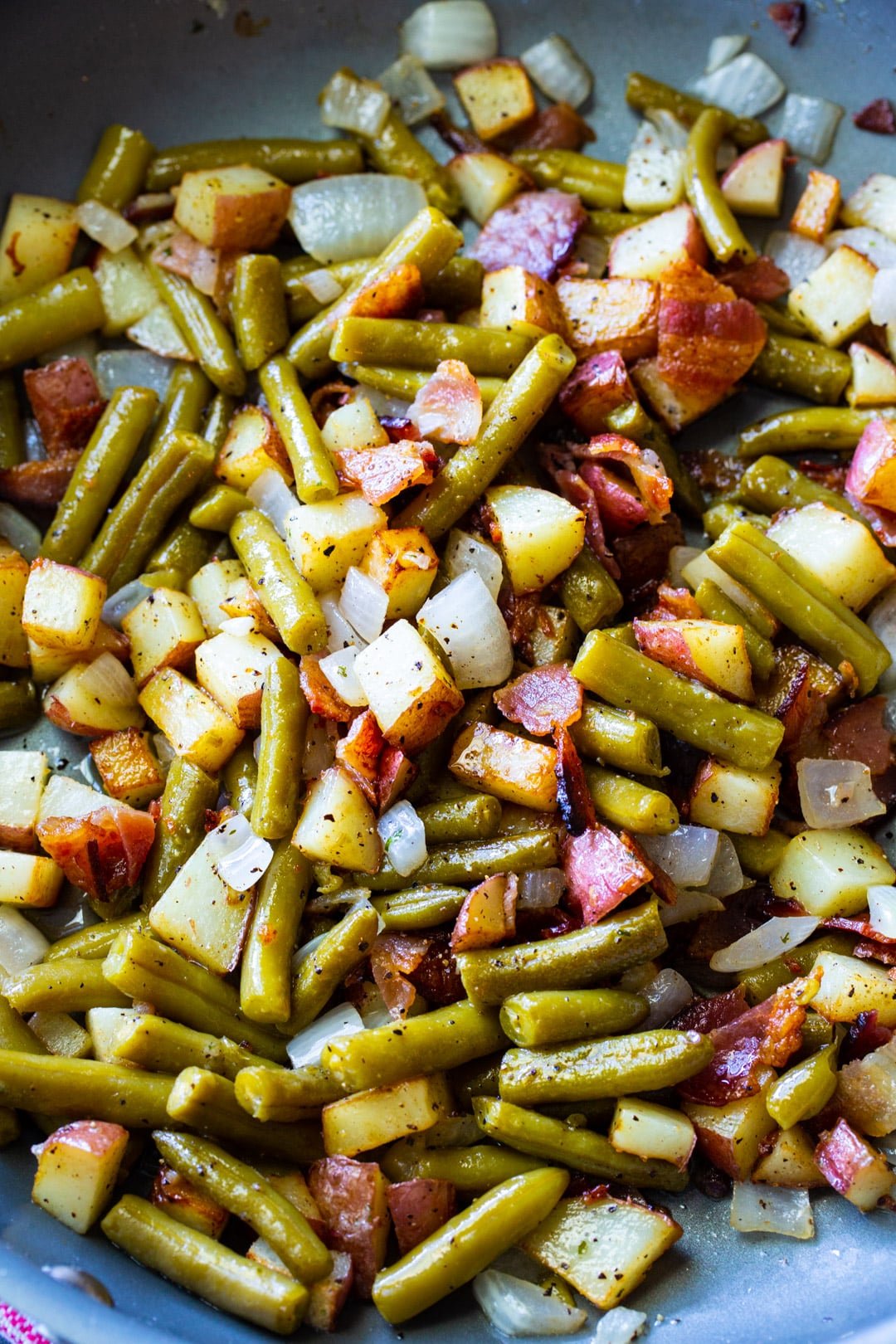Green Beans and Potatoes in skillet.