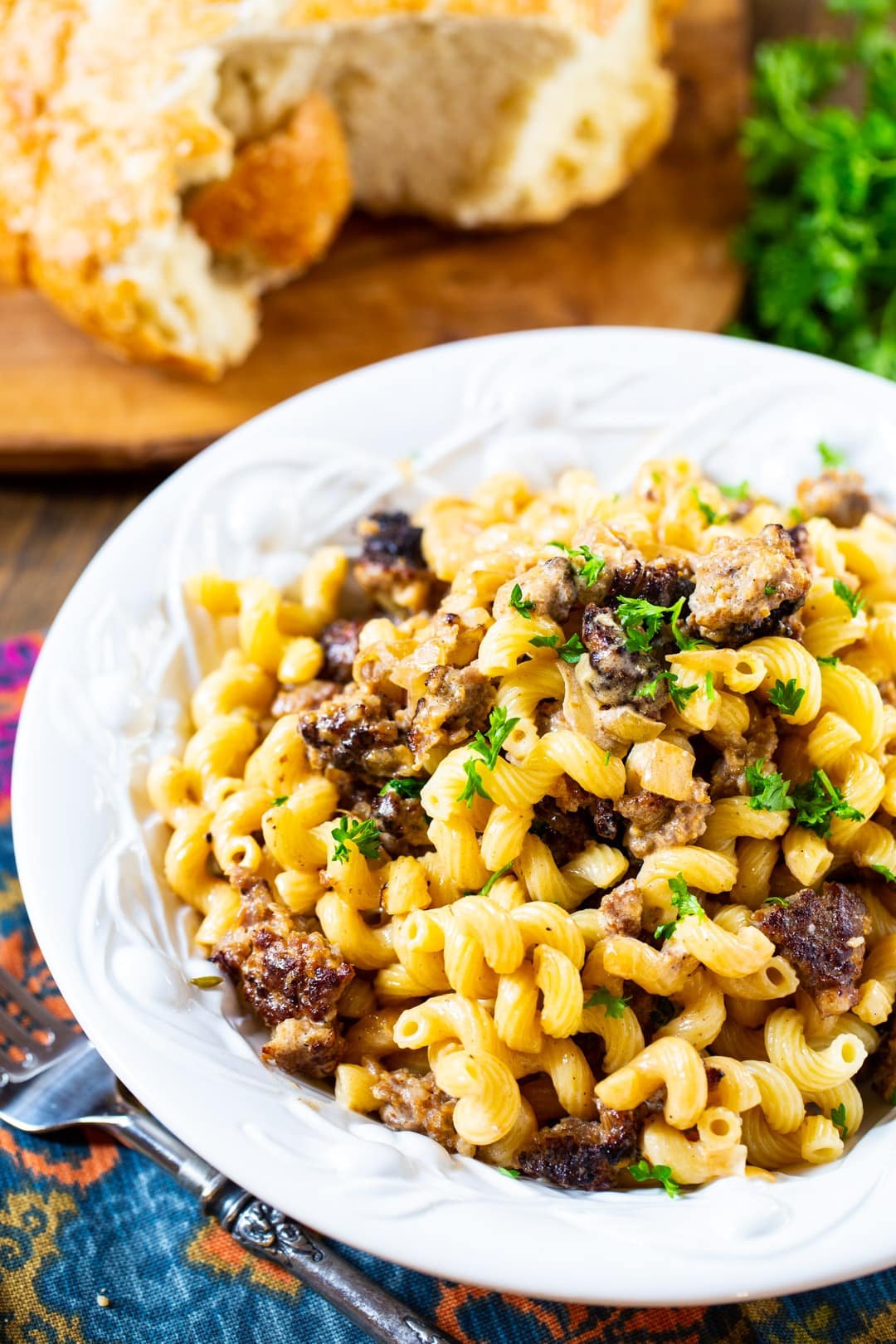 Pasta dished up in a pasta bowl.