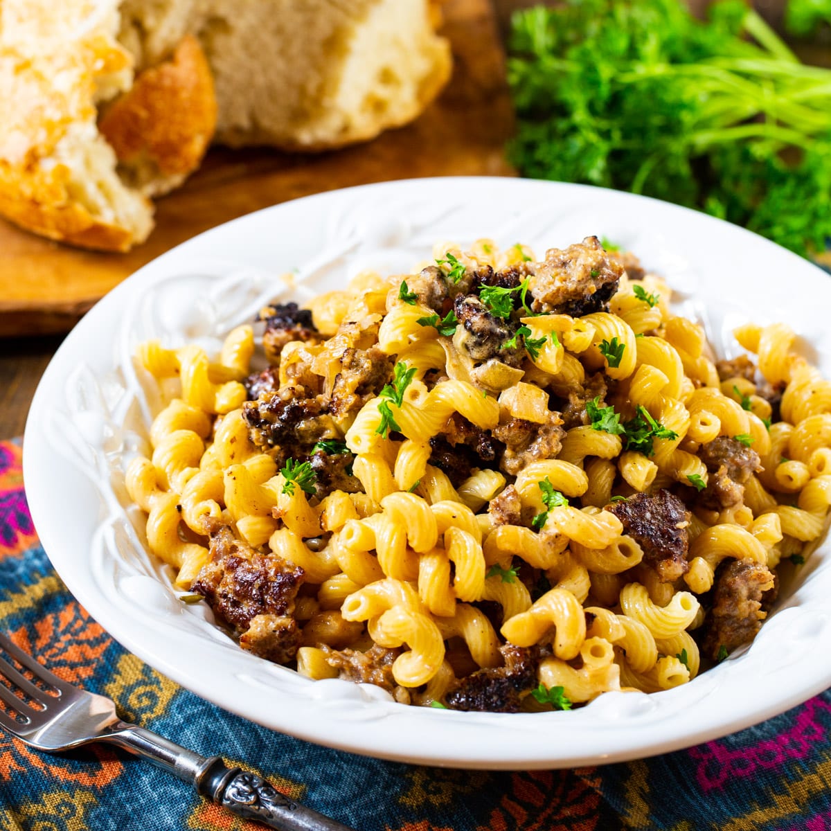 Pasta with Sausage Cream Sauce in a pasta bowl.