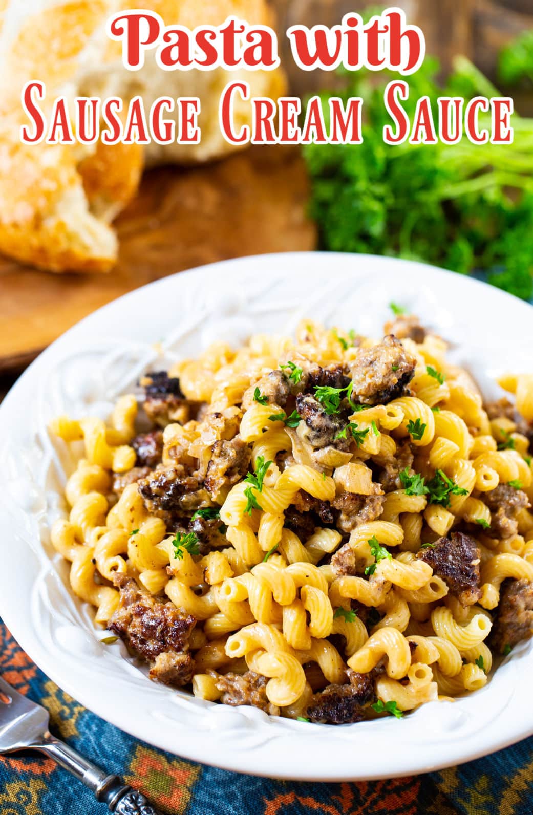 Pasta with Sausage Cream Sauce in a bowl.