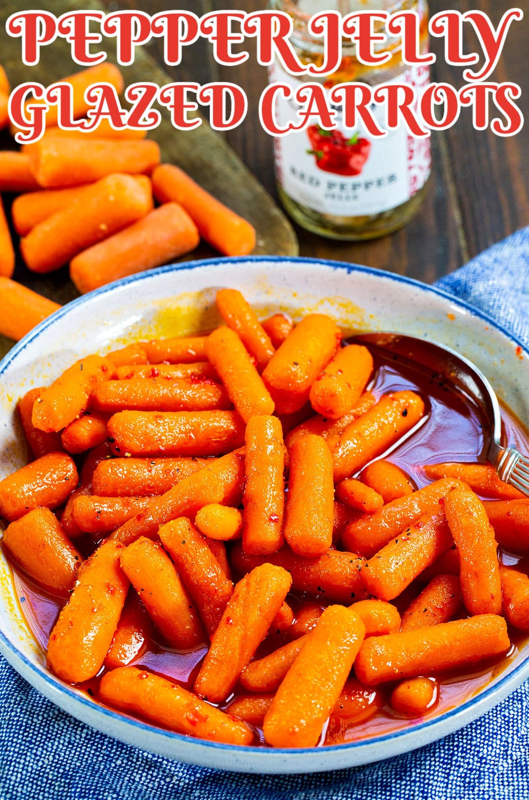 Pepper Jelly Glazed Carrots in bowl and jar of pepper jelly.