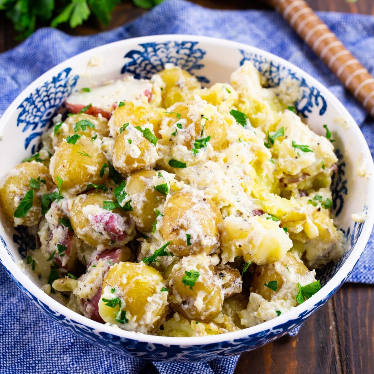 Sour Cream New Potatoes in a serving bowl.