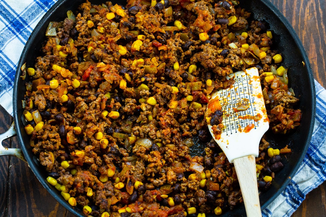 Taco ground beef filling in a skillet.