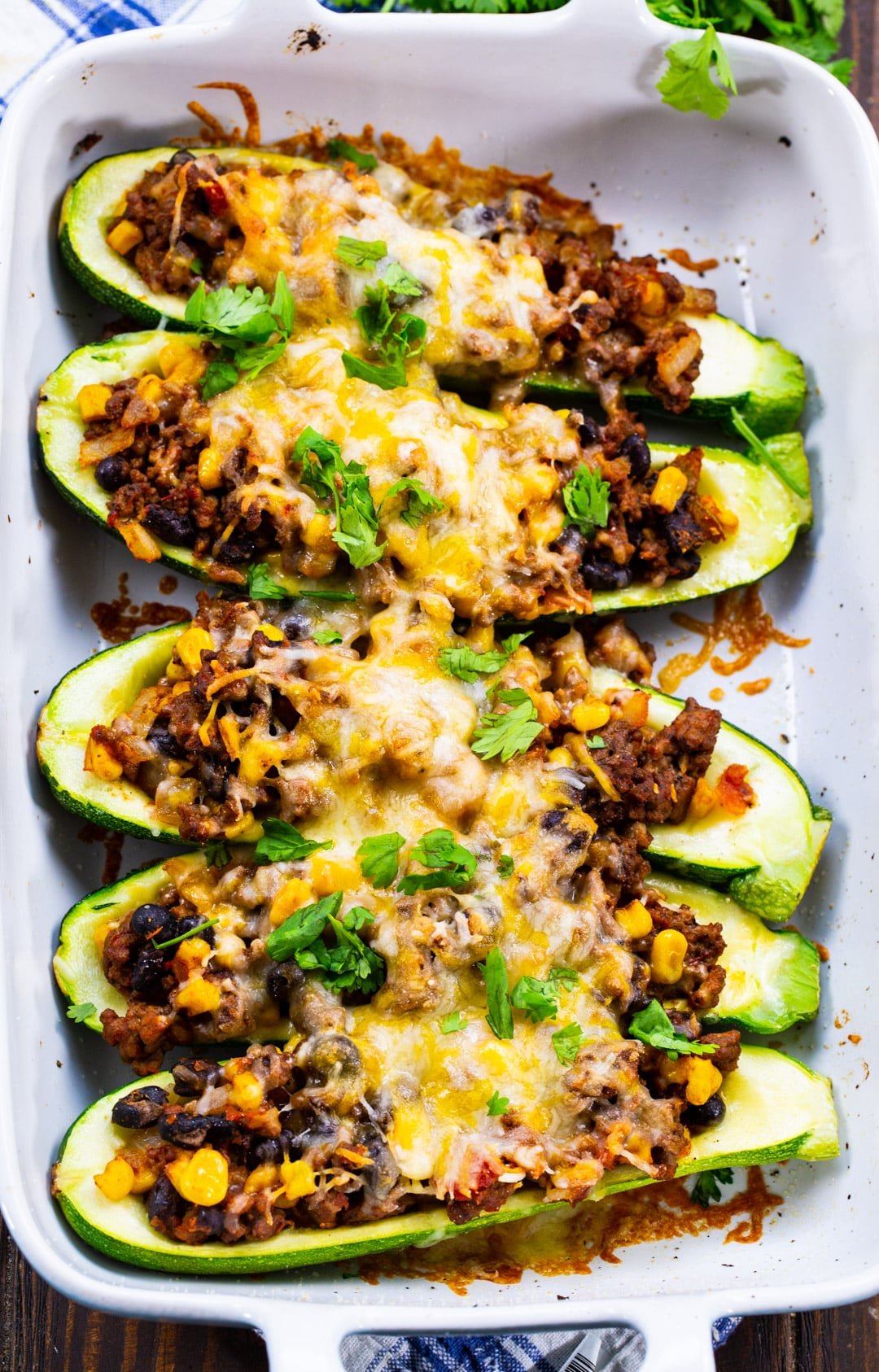 FInished Taco Zucchini Boats in baking dish.