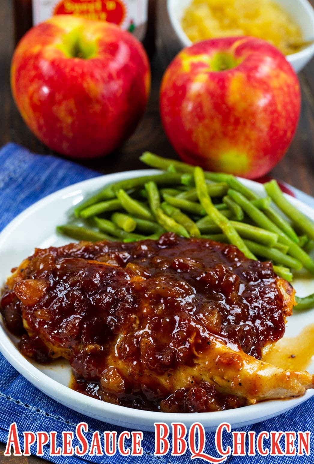 Applesauce BBQ Chicken on a plate with green beans.