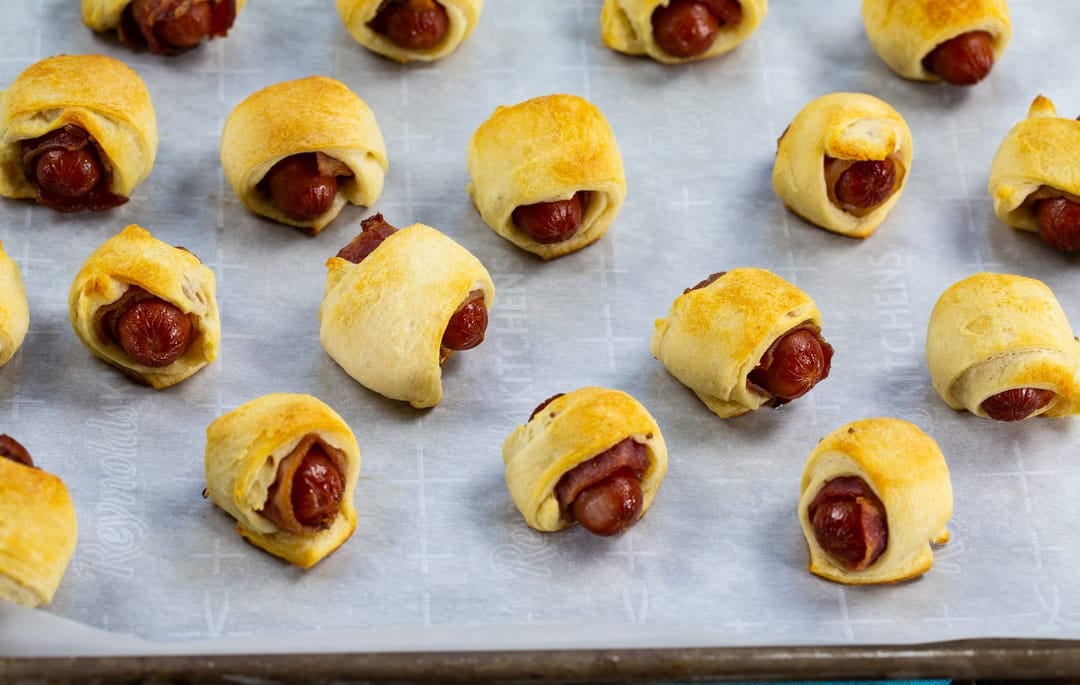 Pigs in a Blanket on baking sheet.