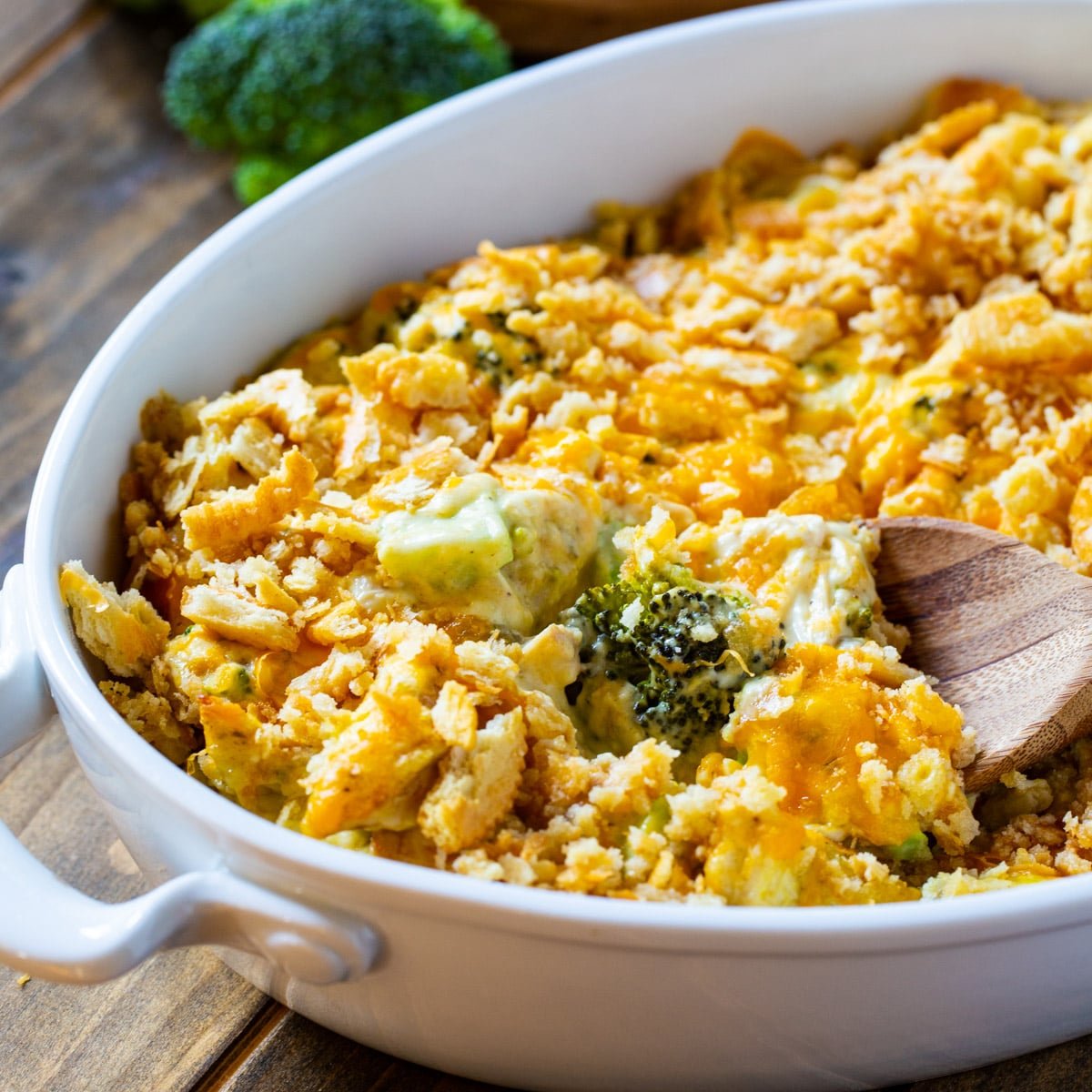 Chicken Divan Casserole in casserole dish.