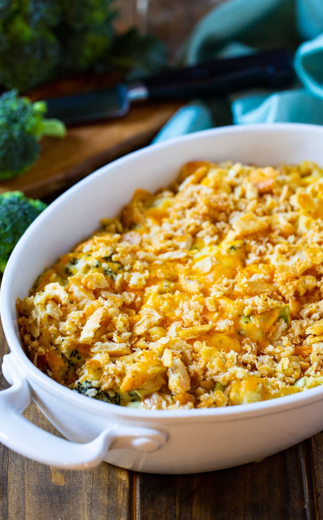 Chicken Divan Casserole in oval baking dish.