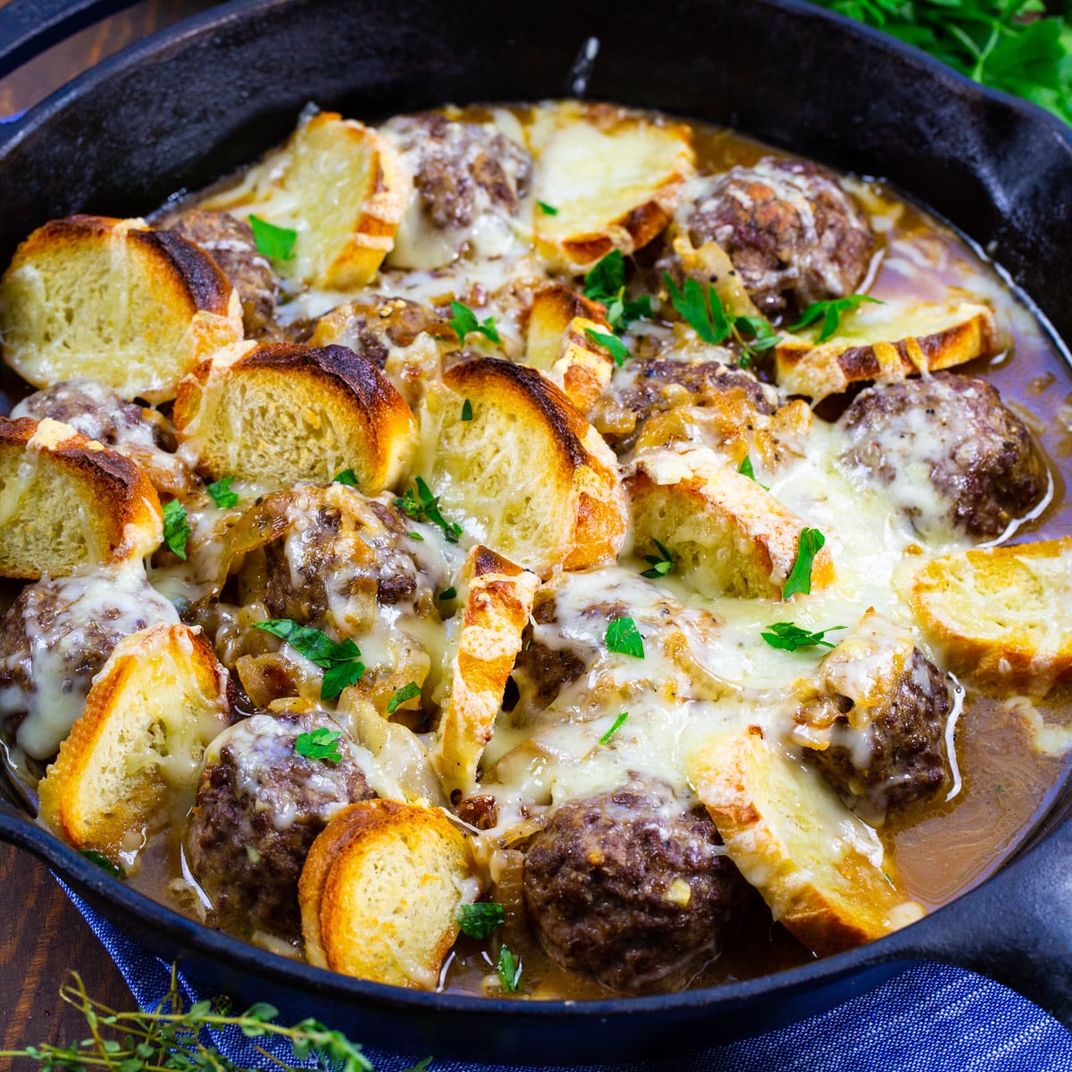 French Onion Meatballs in a skillet.