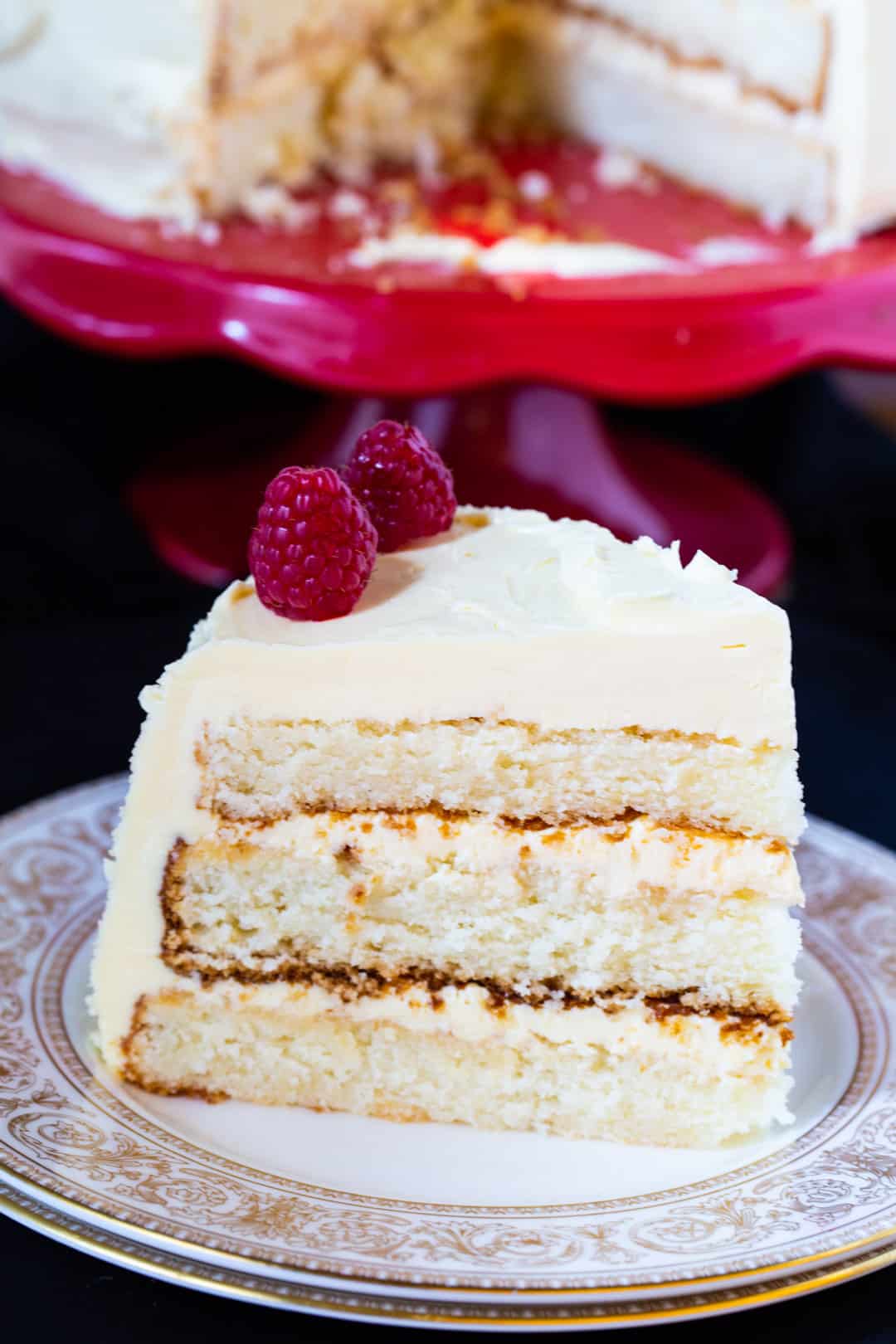 Slice of Cake with Jack Daniels Buttercream on a plate.