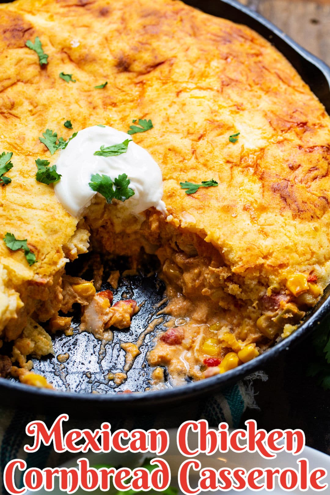 Mexican Cornbread Casserole in a cast iron skillet.