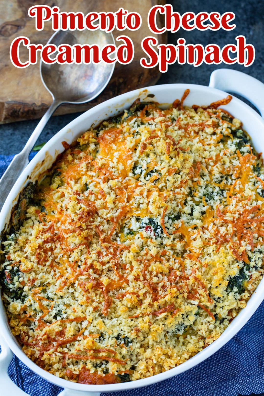 Pimento Cheese Creamed Spinach in a baking dish.