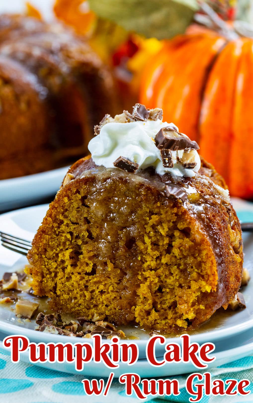 Slice of Pumpkin Cake with Rum Glaze on a plate.
