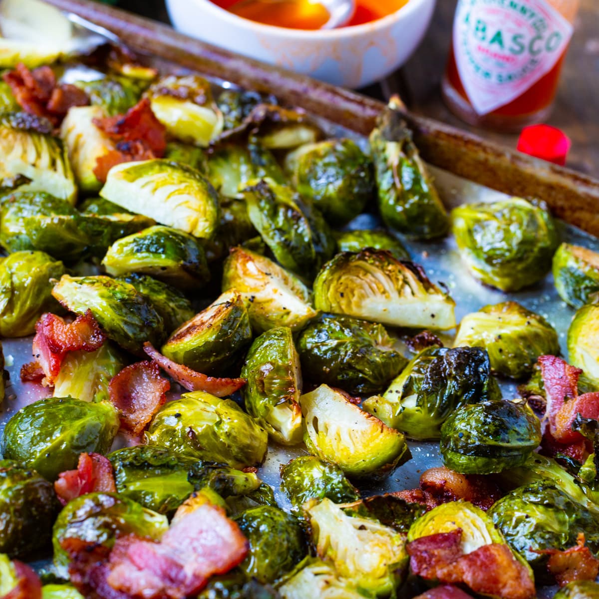 Roasted Brussels Sprouts on a baking sheet.