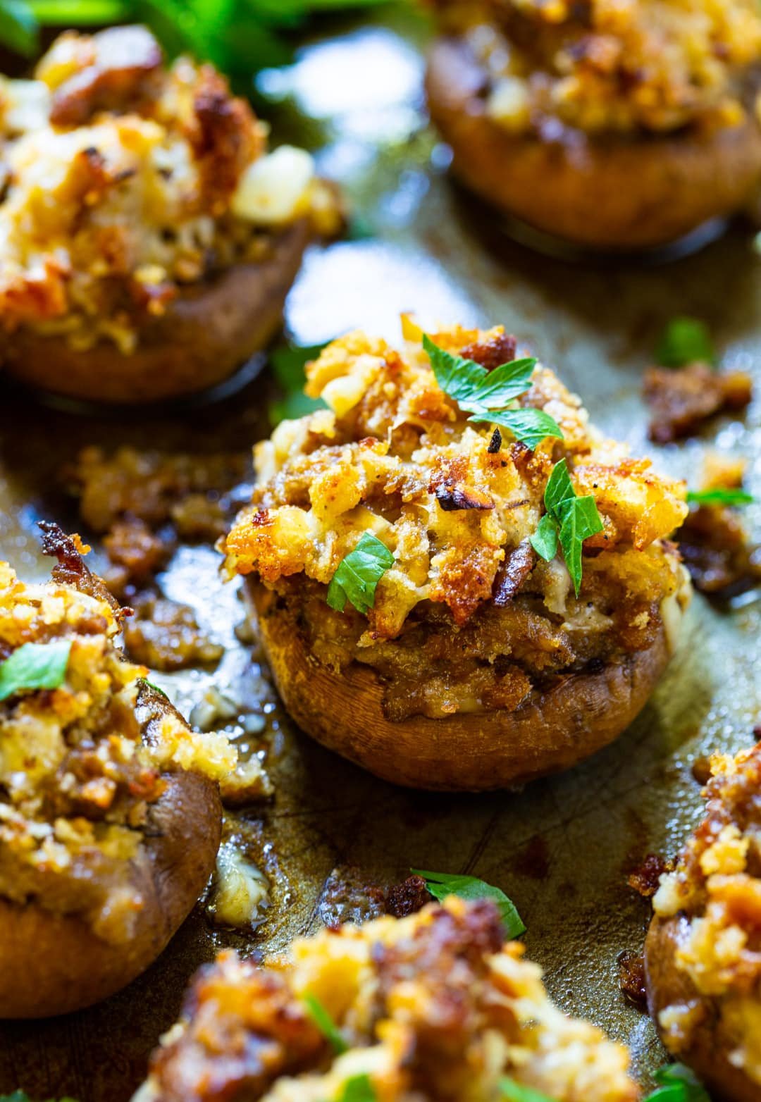 Sausage Stuffed Mushrooms on baking sheet.