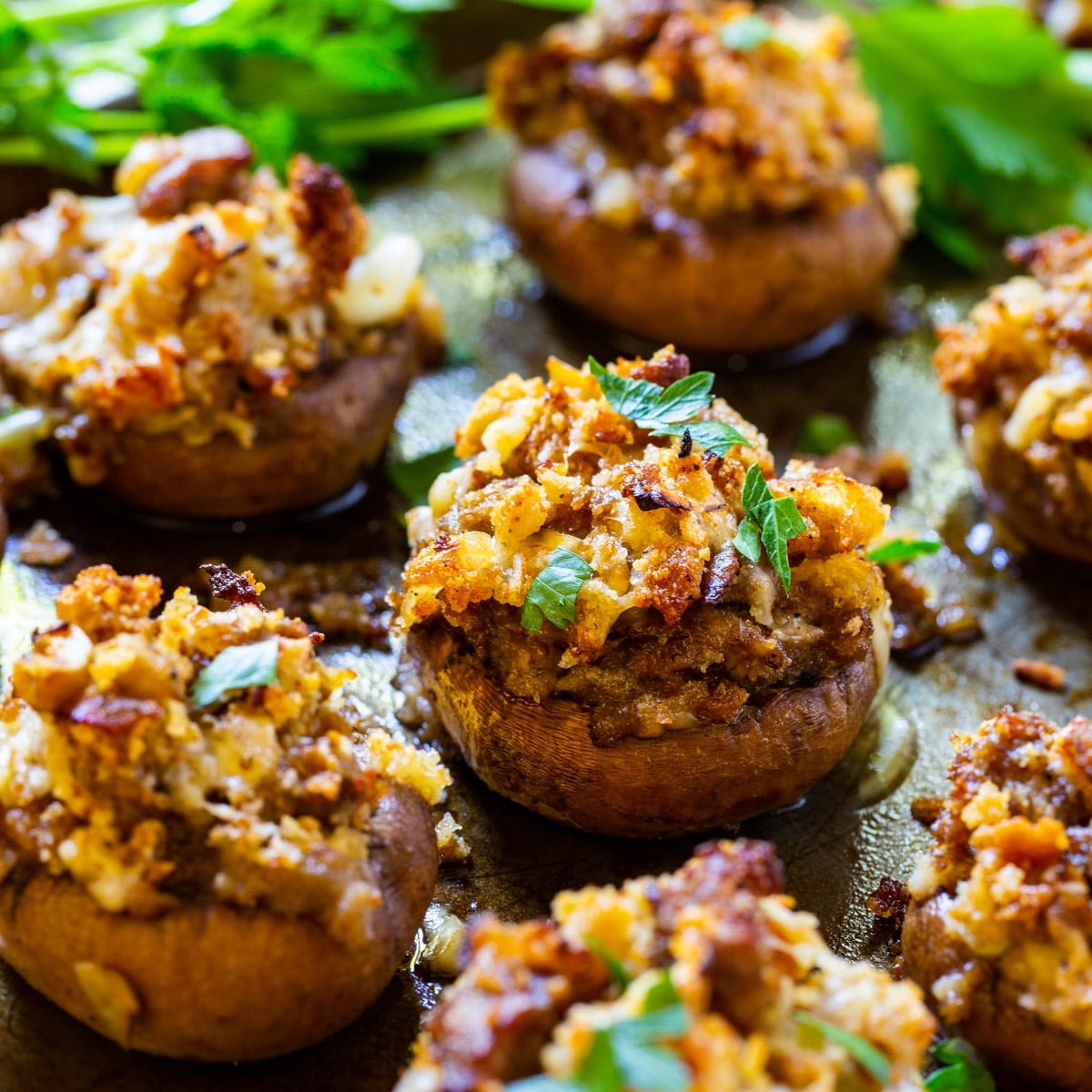 Sausage Stuffed Mushrooms on a baking sheet.