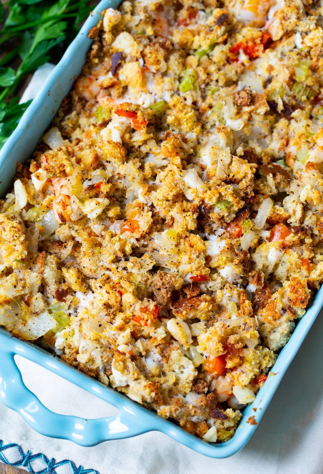 Savannah Seafood Stuffing in blue baking dish.