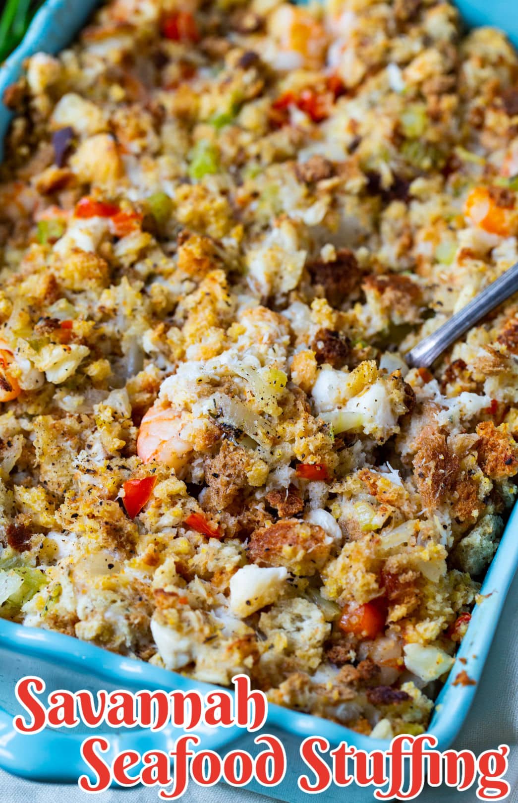 Savannah Seafood Stuffing in blue baking dish.