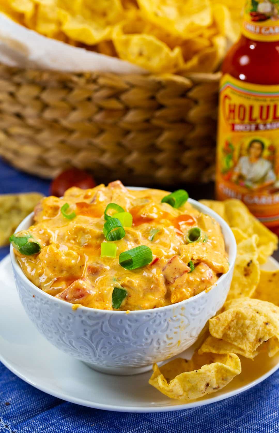 Slow Cooker Chicken Nacho Dip in a bowl surrounded by tortilla chips.