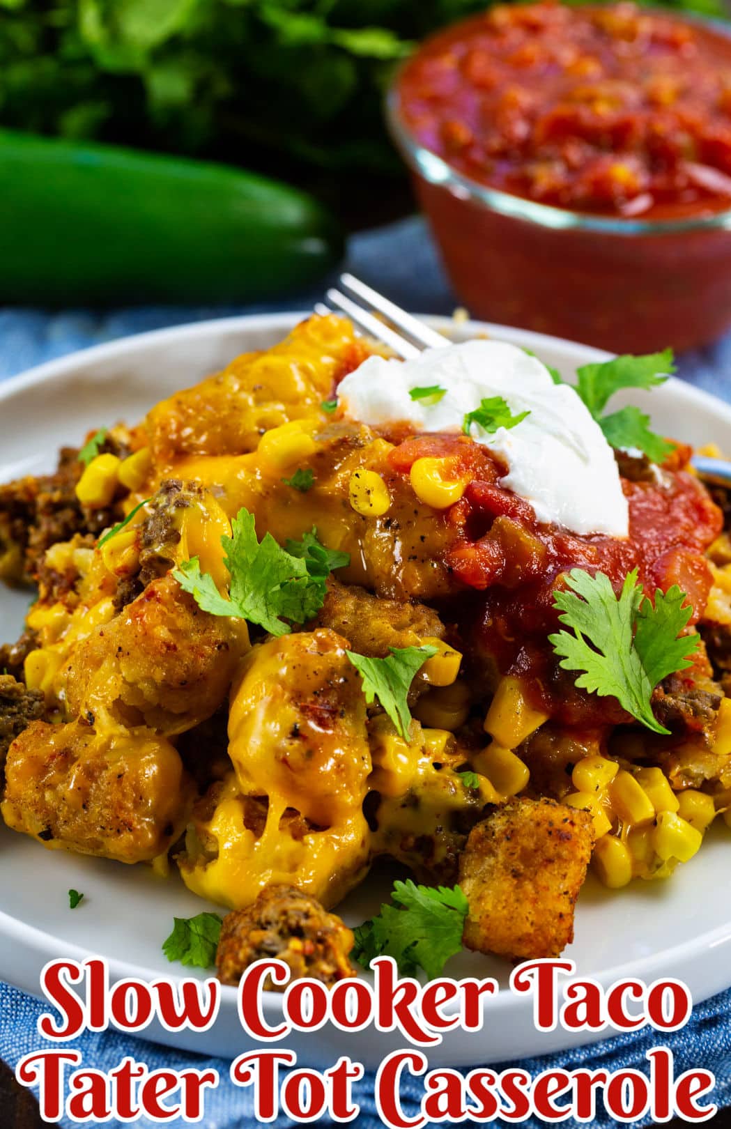 Slow Cooker Taco Tater Tot Casserole dished up on a plate.