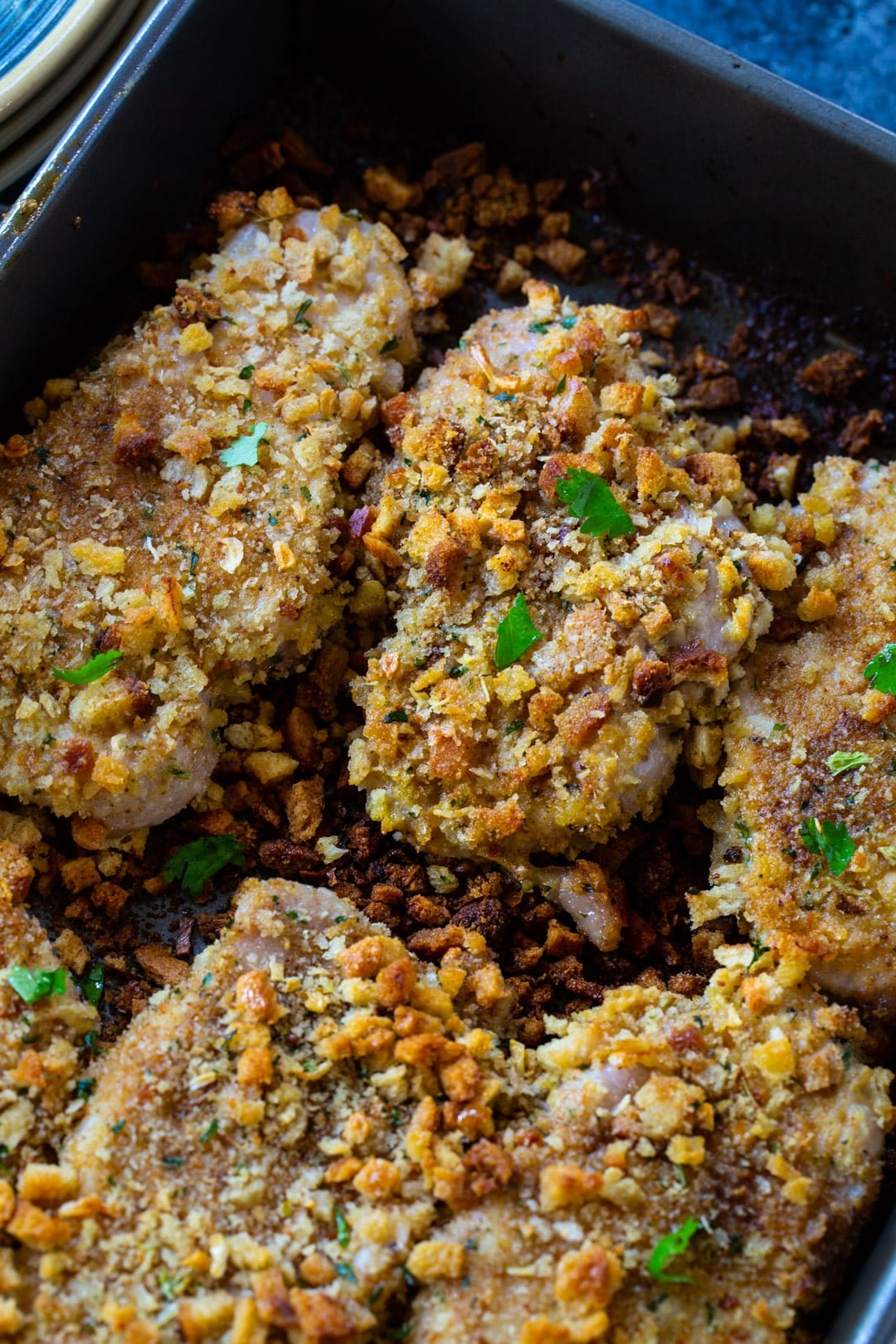 The finished pork chops in baking pan.