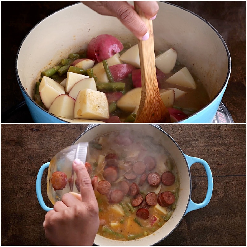 Adding the potatoes and the sausage.