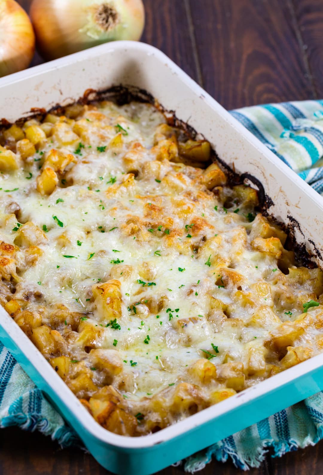 French Onion Potatoes in baking dish.