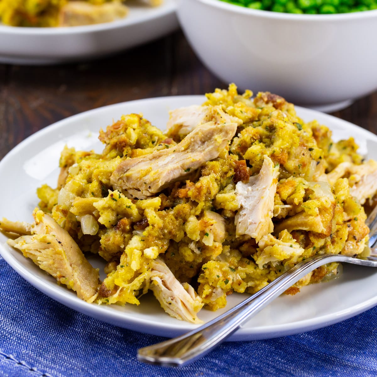 Instant Pot Chicken and Stuffing dished up on a plate.