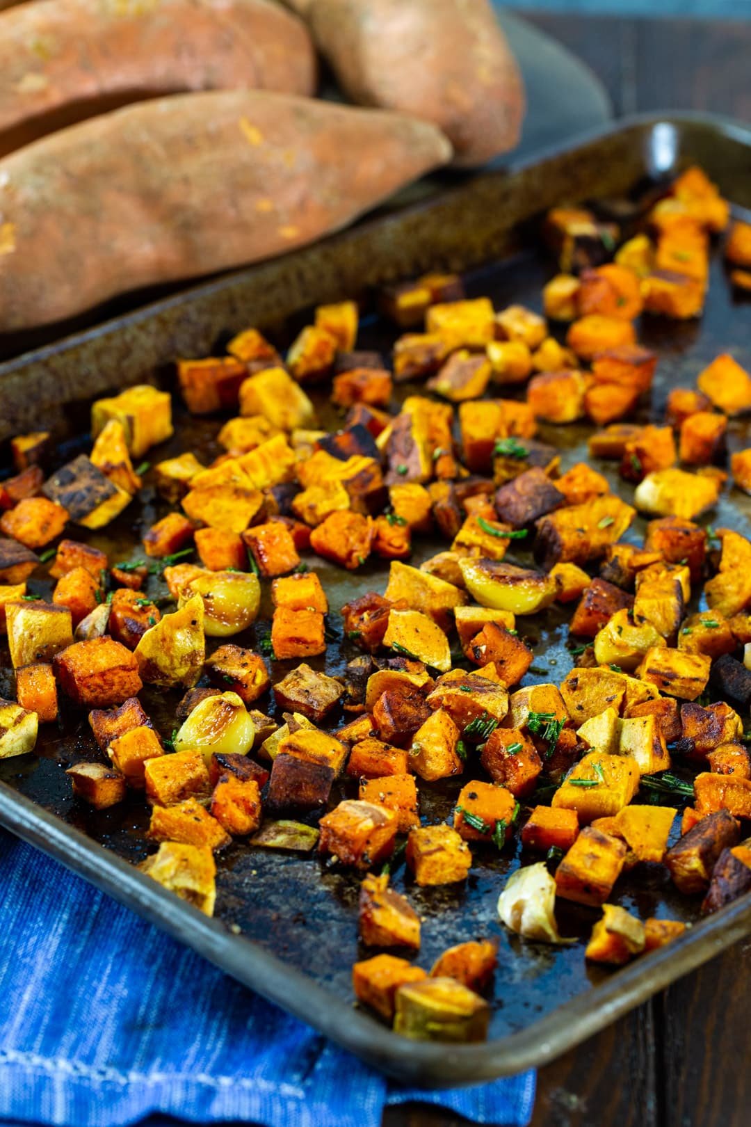 Roasted Sweet Potatoes on a baking sheet.