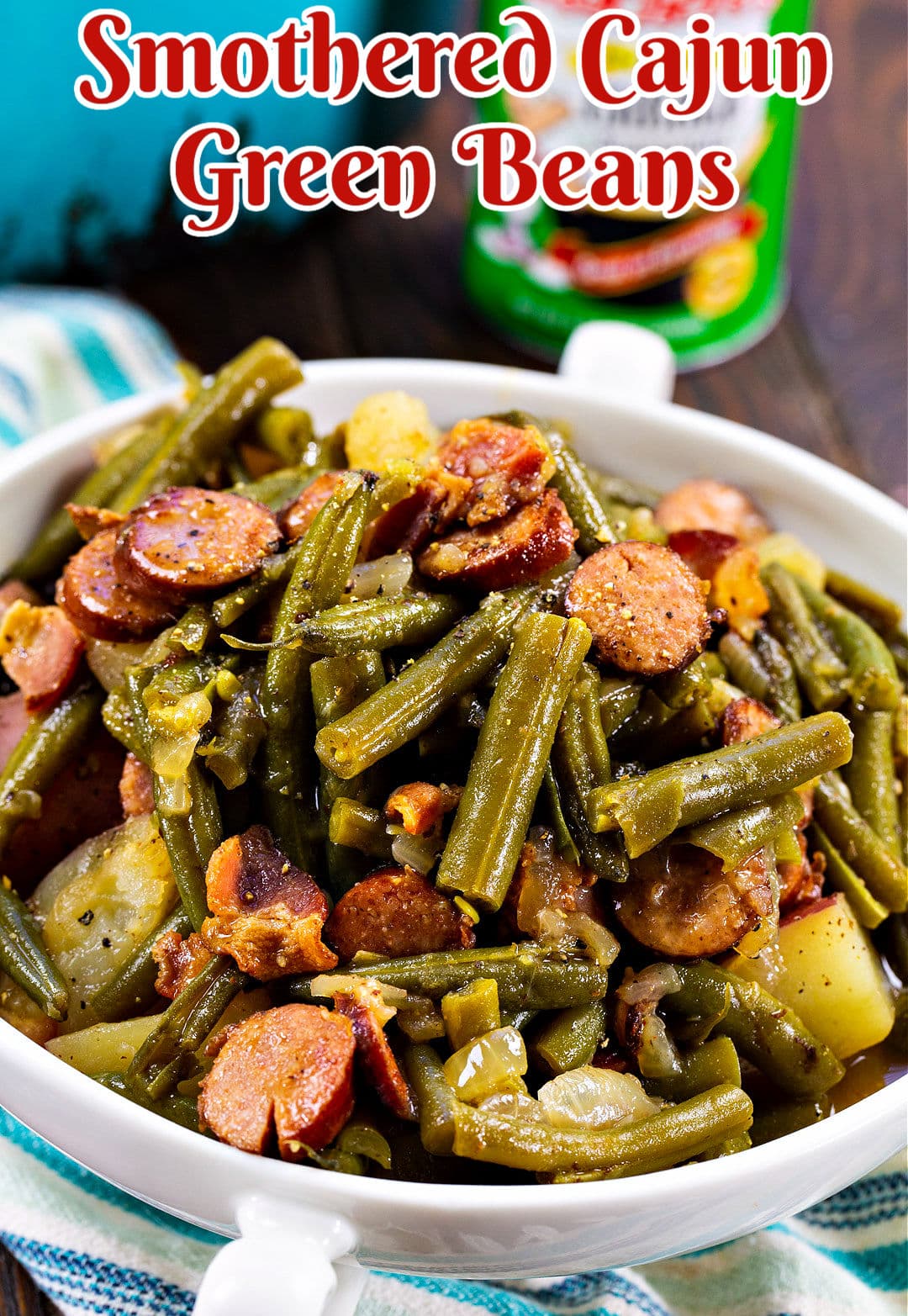 Smothered Cajun Green Beans in a serving dish.