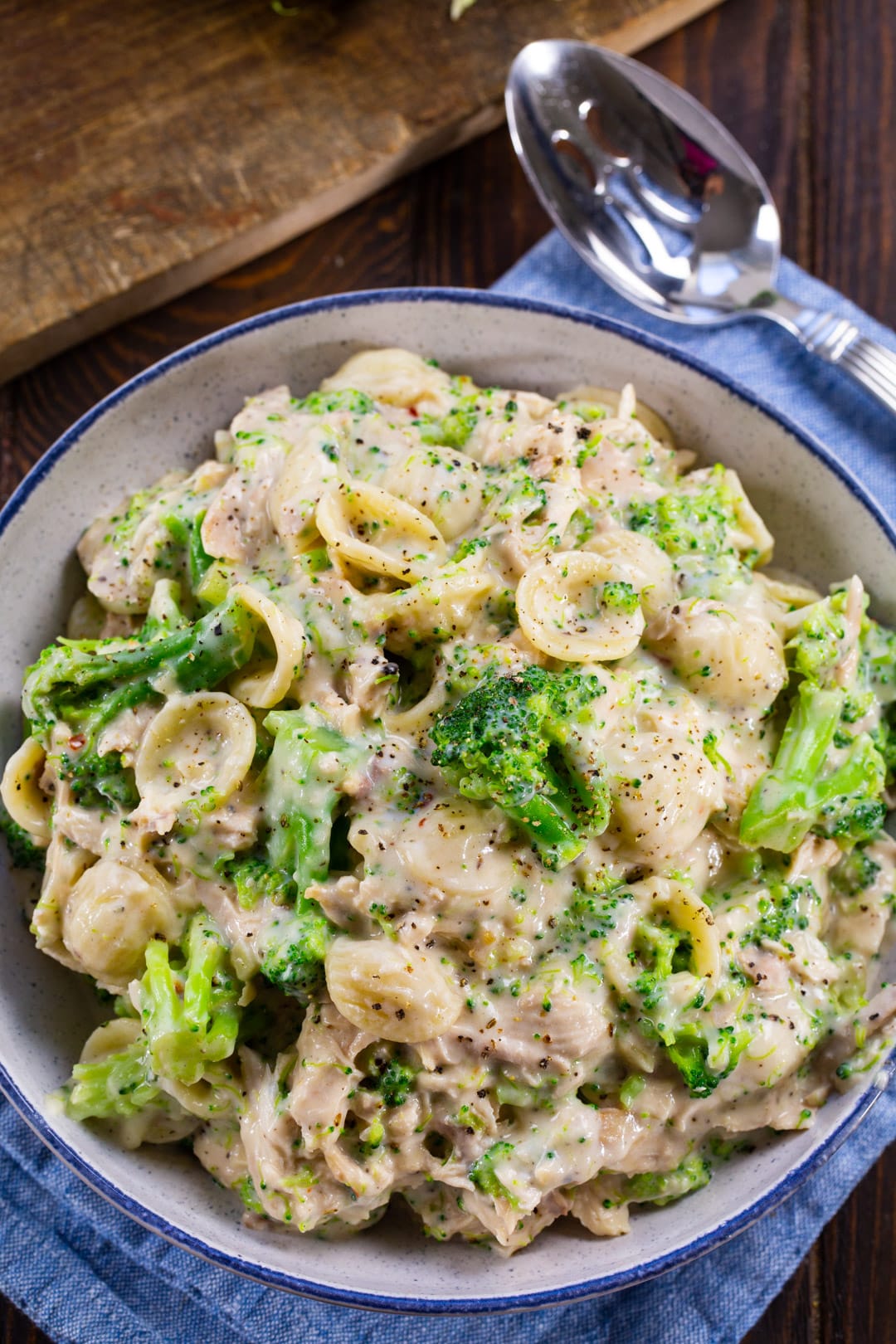 Alfredo in a blue and white serving bowl.