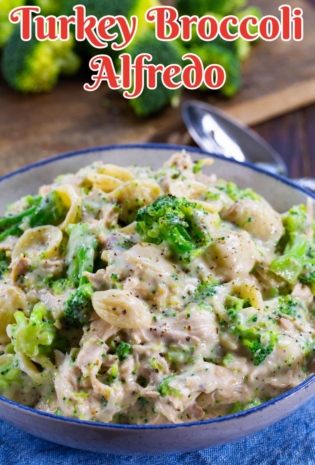 Turkey Broccoli Alfredo in serving bowl.