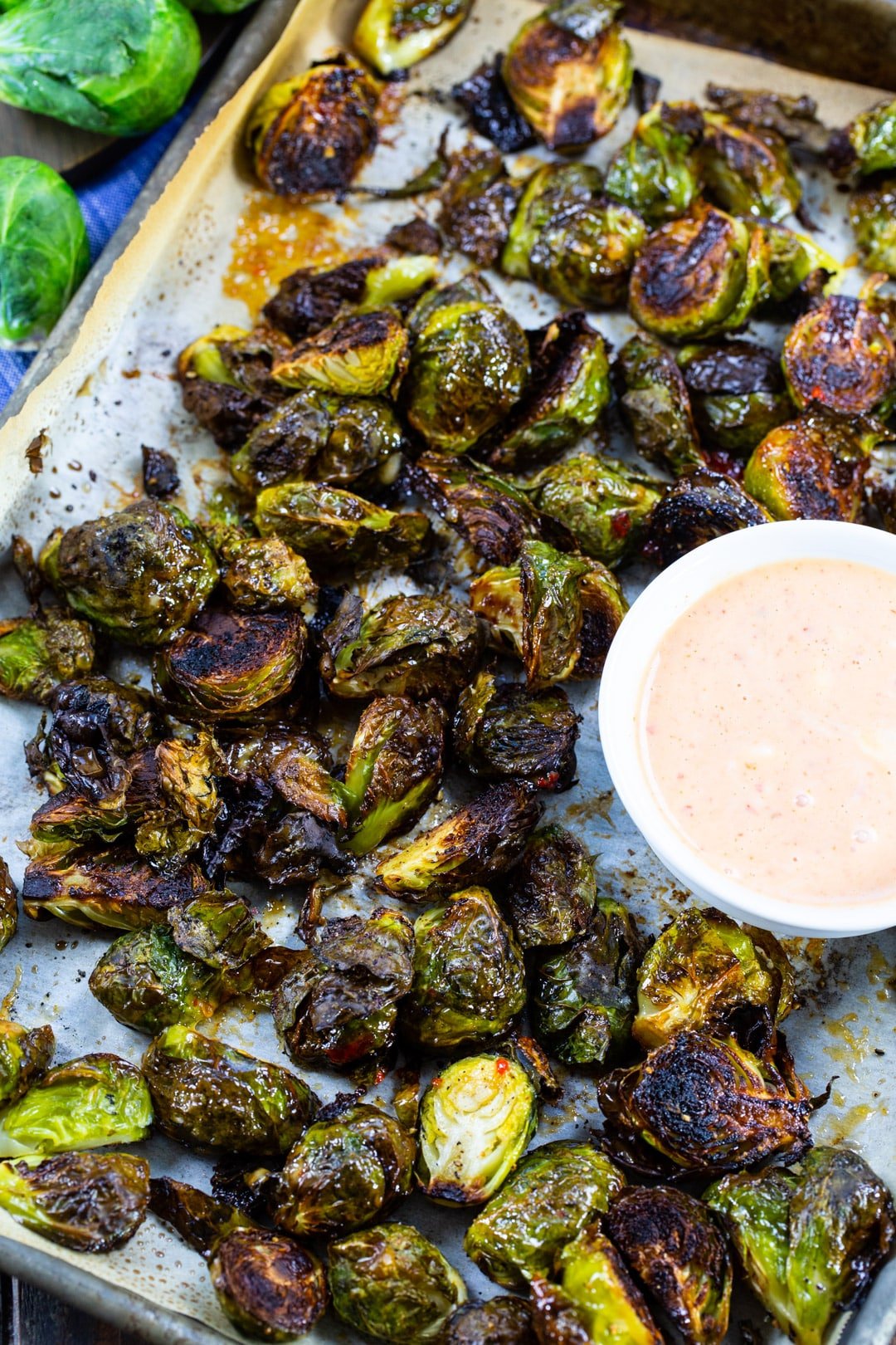 Roasted Brussels Sprouts on a baking sheet.