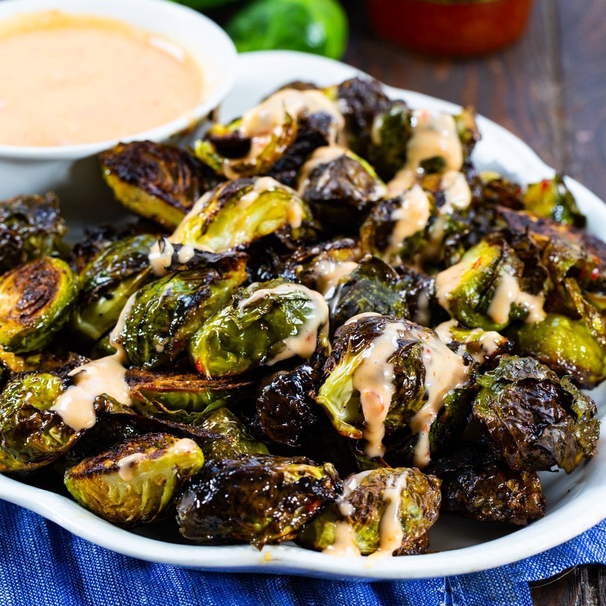 Bang Bang Brussels Sprouts on a serving plate.