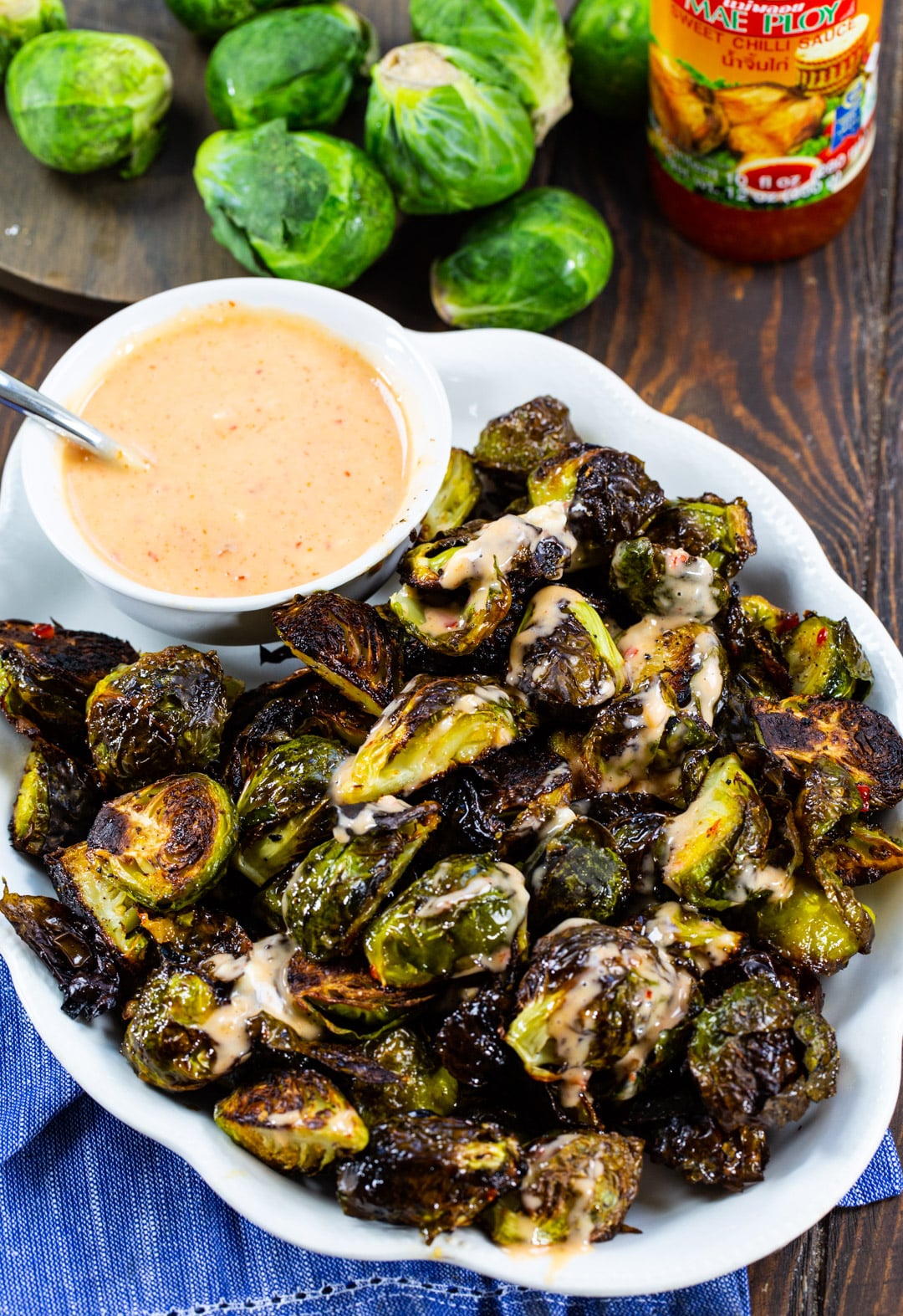 Bang Bang Brussels Sprouts on a serving plate.