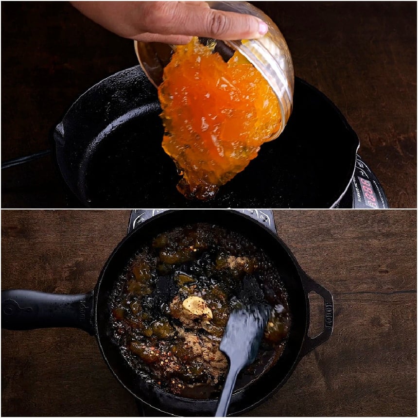 Adding glaze ingredients to skillet.