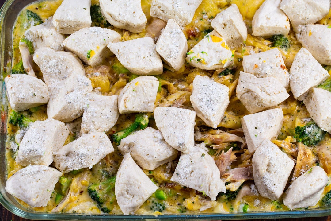 The unbaked casserole in a casserole dish.