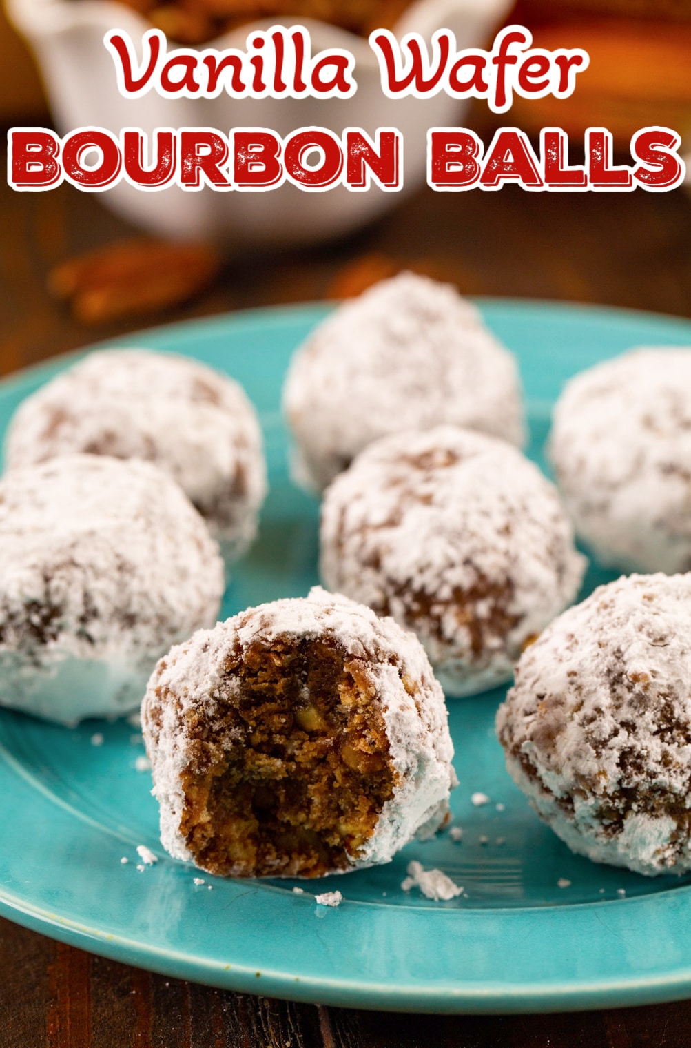 Vanilla Wafer Bourbon Balls on a serving plate.