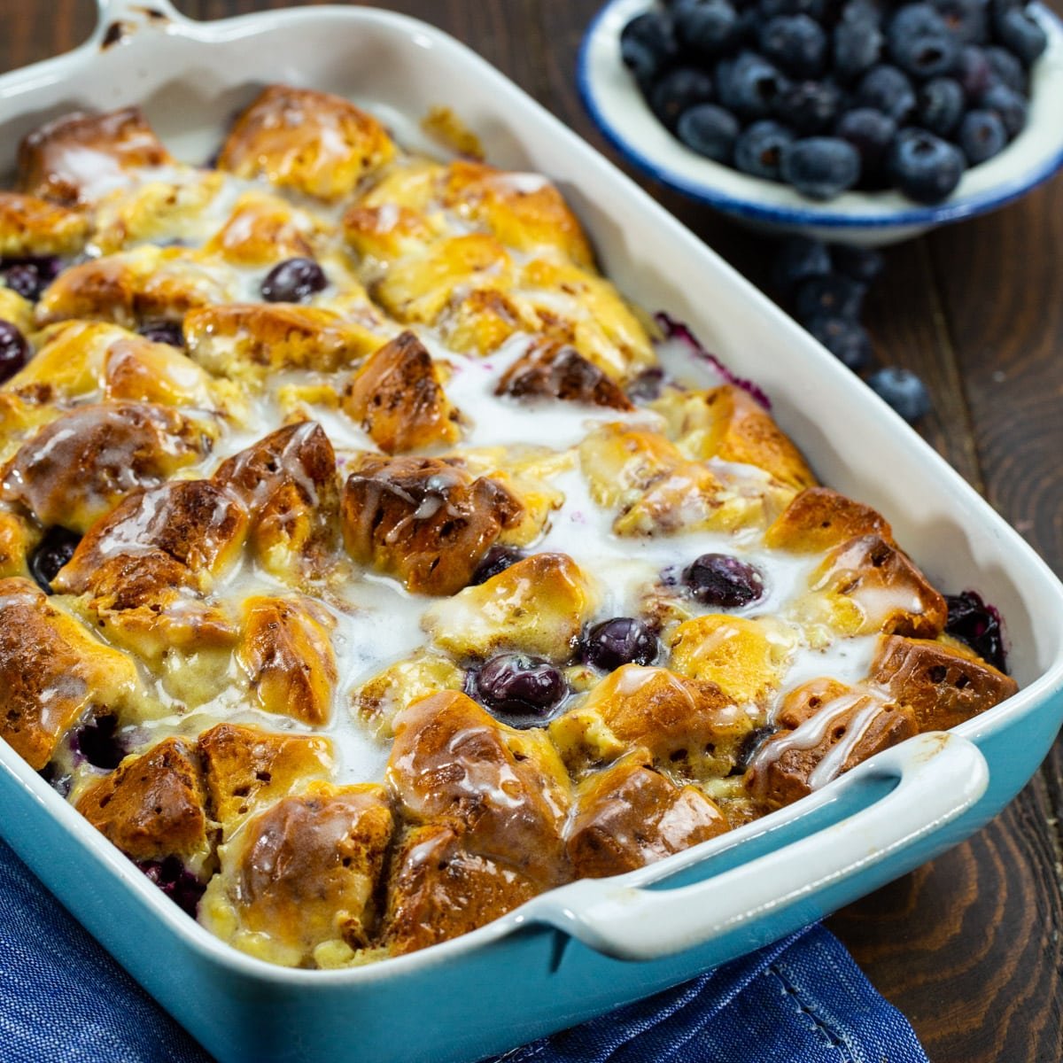 Blueberry Cinnamon Roll Bake in a baking dish.
