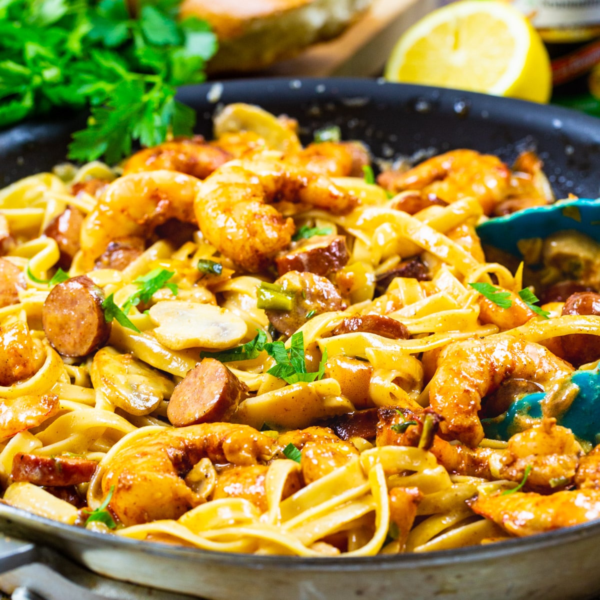 Mardi Gras Pasta in a skillet.